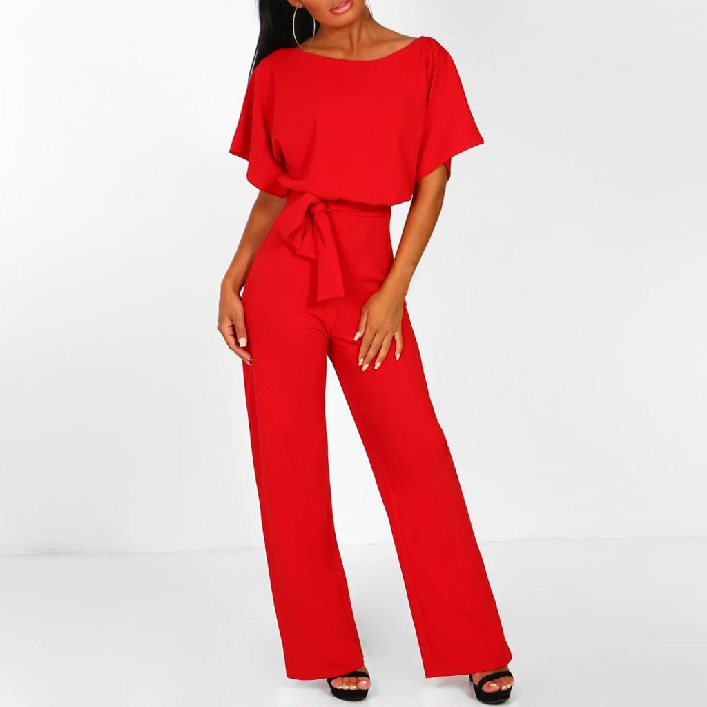 Women's Belted Jumpsuit with Wide Leg and Adjustable Self-Tie Belt