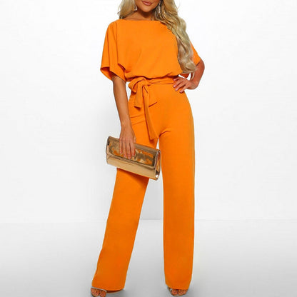 Women's Belted Jumpsuit with Wide Leg and Adjustable Self-Tie Belt