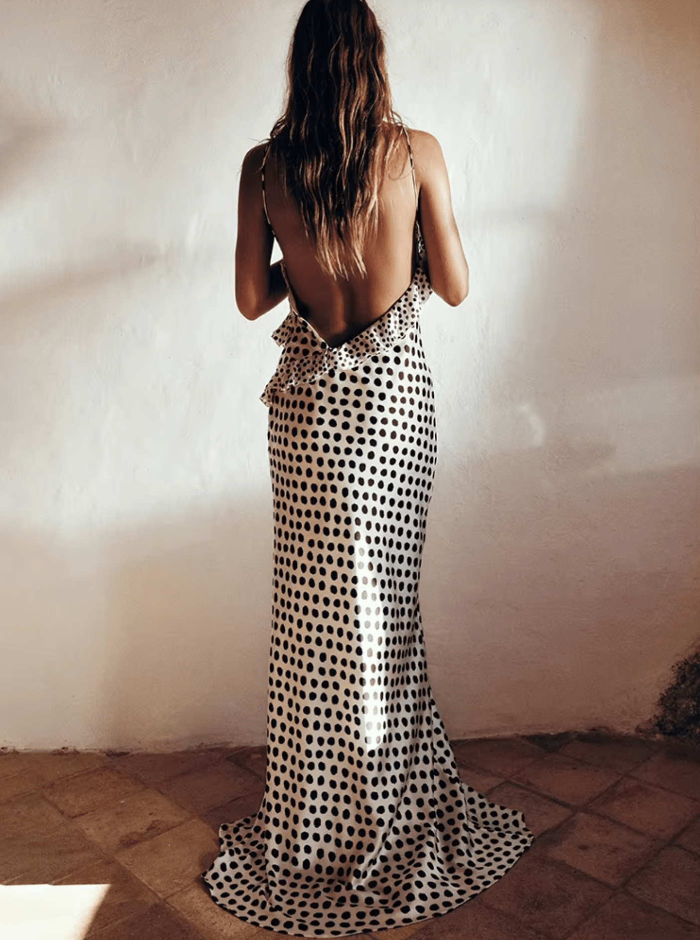 Women's Black and White Polka Dot Maxi Dress with Relaxed Flowing Silhouette