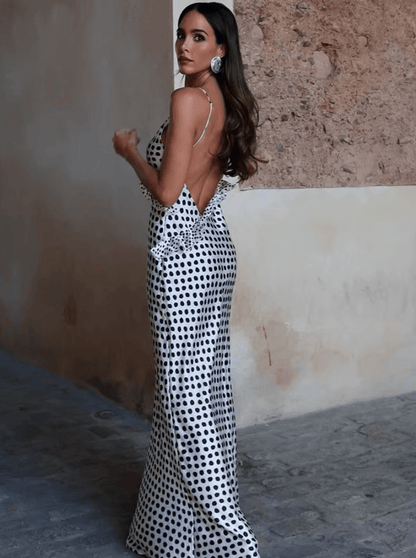Women's Black and White Polka Dot Maxi Dress with Relaxed Flowing Silhouette