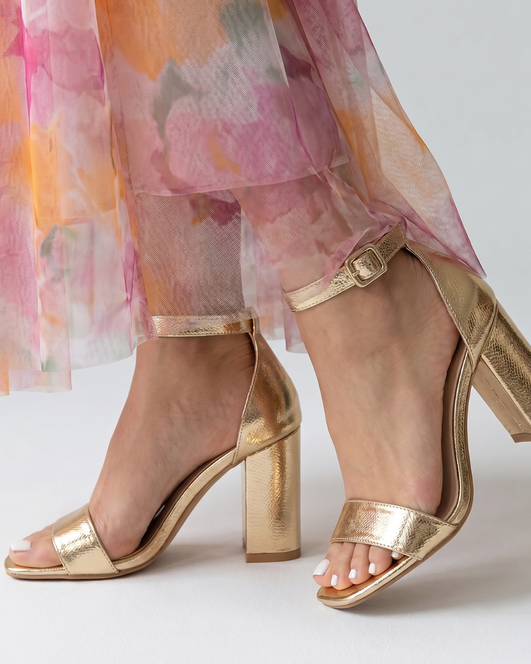 Women's Block Heel Sandals with Metallic Ankle Strap