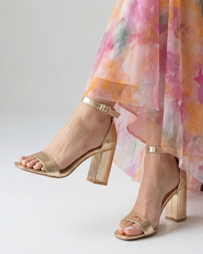 Women's Block Heel Sandals with Metallic Ankle Strap