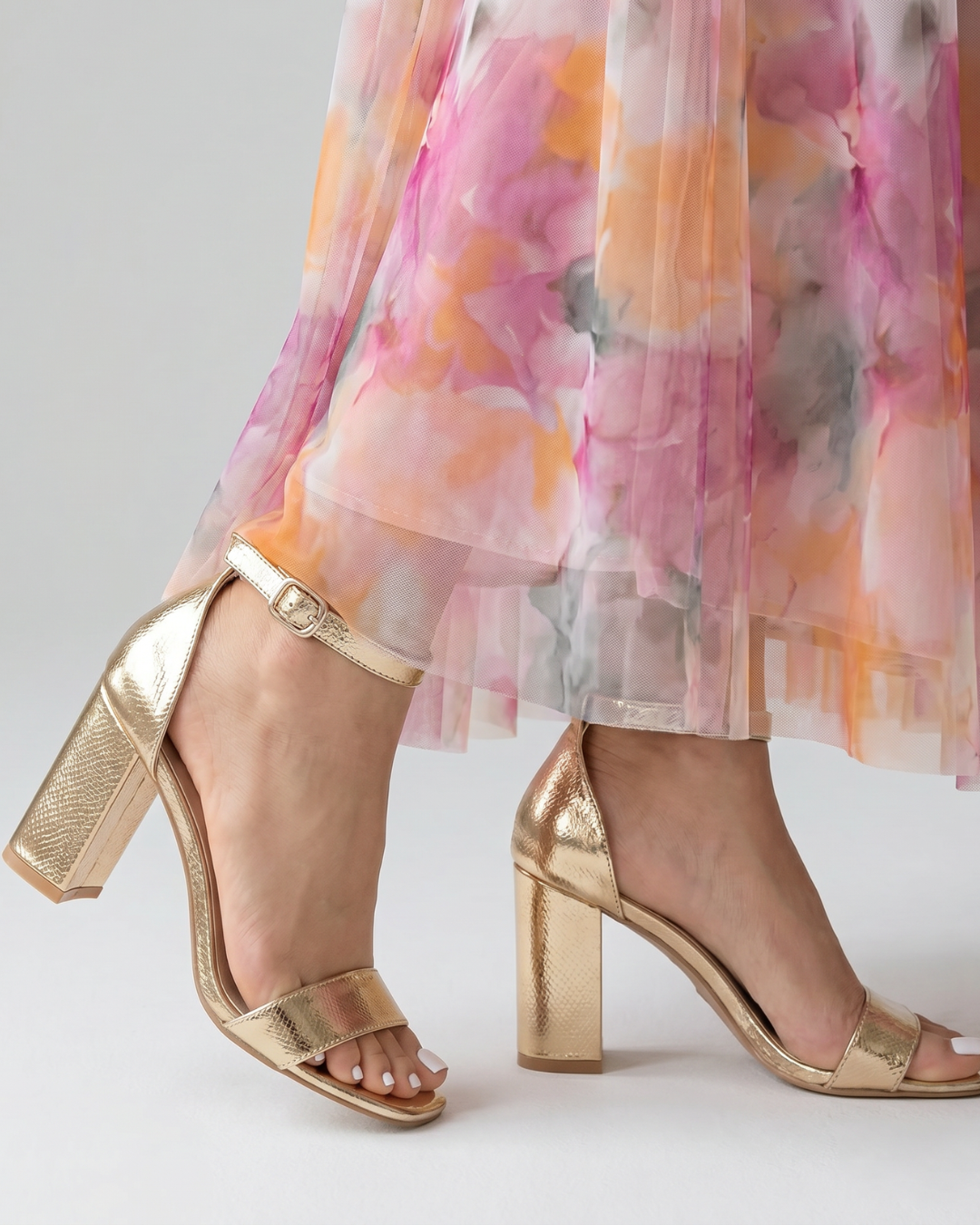 Women's Block Heel Sandals with Metallic Ankle Strap