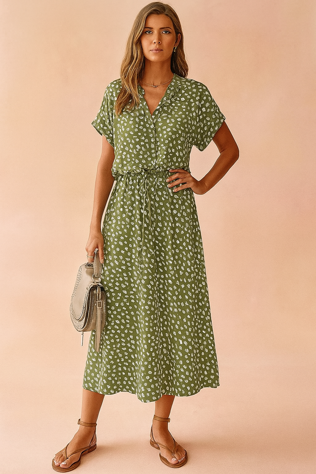 Women's Boho Midi Dress with Polka Dot Print and Tie Waist