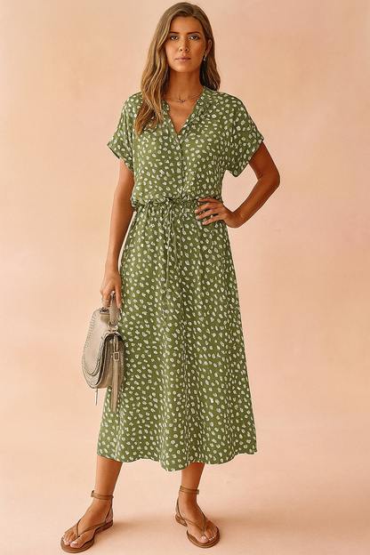 Women's Boho Midi Dress with Polka Dot Print and Tie Waist