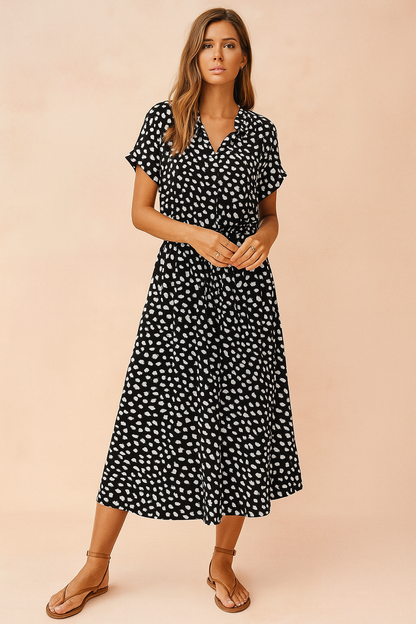 Women's Boho Midi Dress with Polka Dot Print and Tie Waist