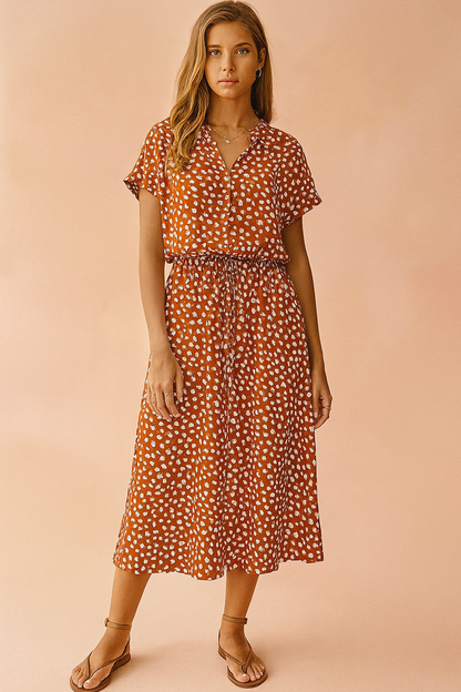 Women's Boho Midi Dress with Polka Dot Print and Tie Waist