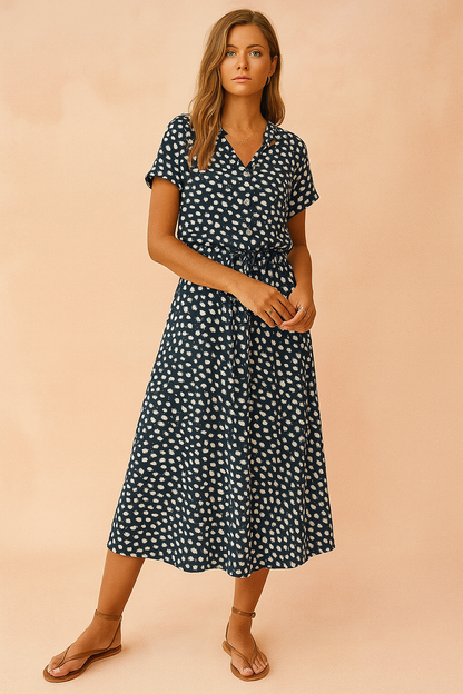 Women's Boho Midi Dress with Polka Dot Print and Tie Waist