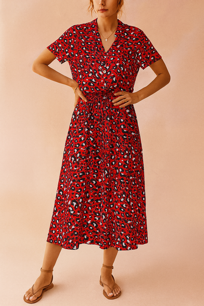 Women's Boho Midi Dress with Polka Dot Print and Tie Waist