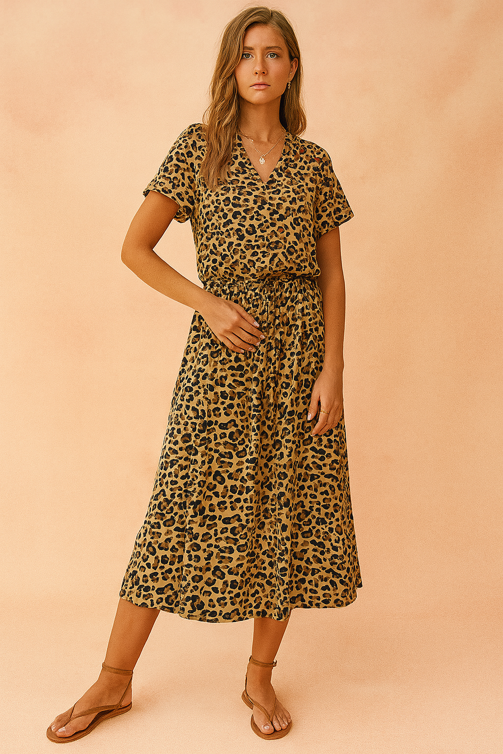 Women's Boho Midi Dress with Polka Dot Print and Tie Waist