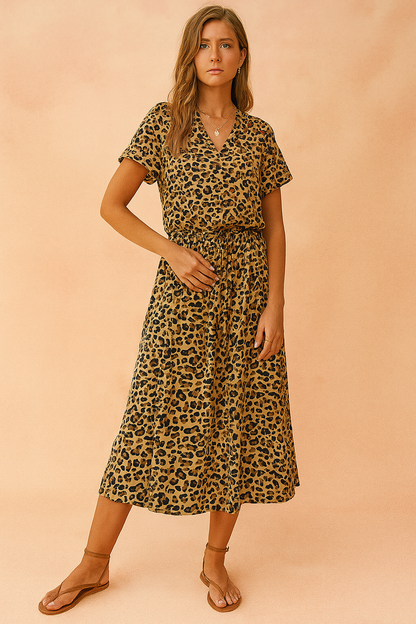 Women's Boho Midi Dress with Polka Dot Print and Tie Waist