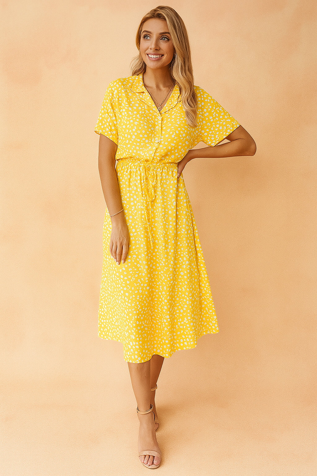 Women's Boho Midi Dress with Polka Dot Print and Tie Waist