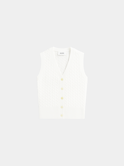 Women's Cable Knit Cardigan Vest with V-Neckline and Button Closure