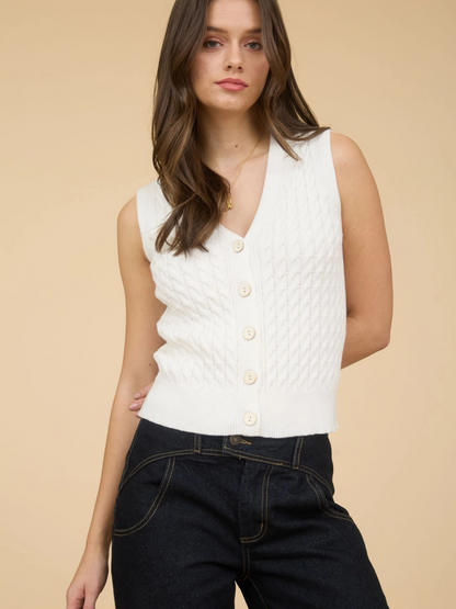 Women's Cable Knit Cardigan Vest with V-Neckline and Button Closure