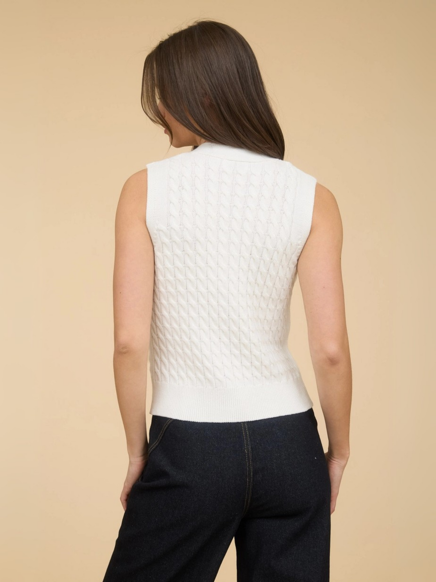 Women's Cable Knit Cardigan Vest with V-Neckline and Button Closure