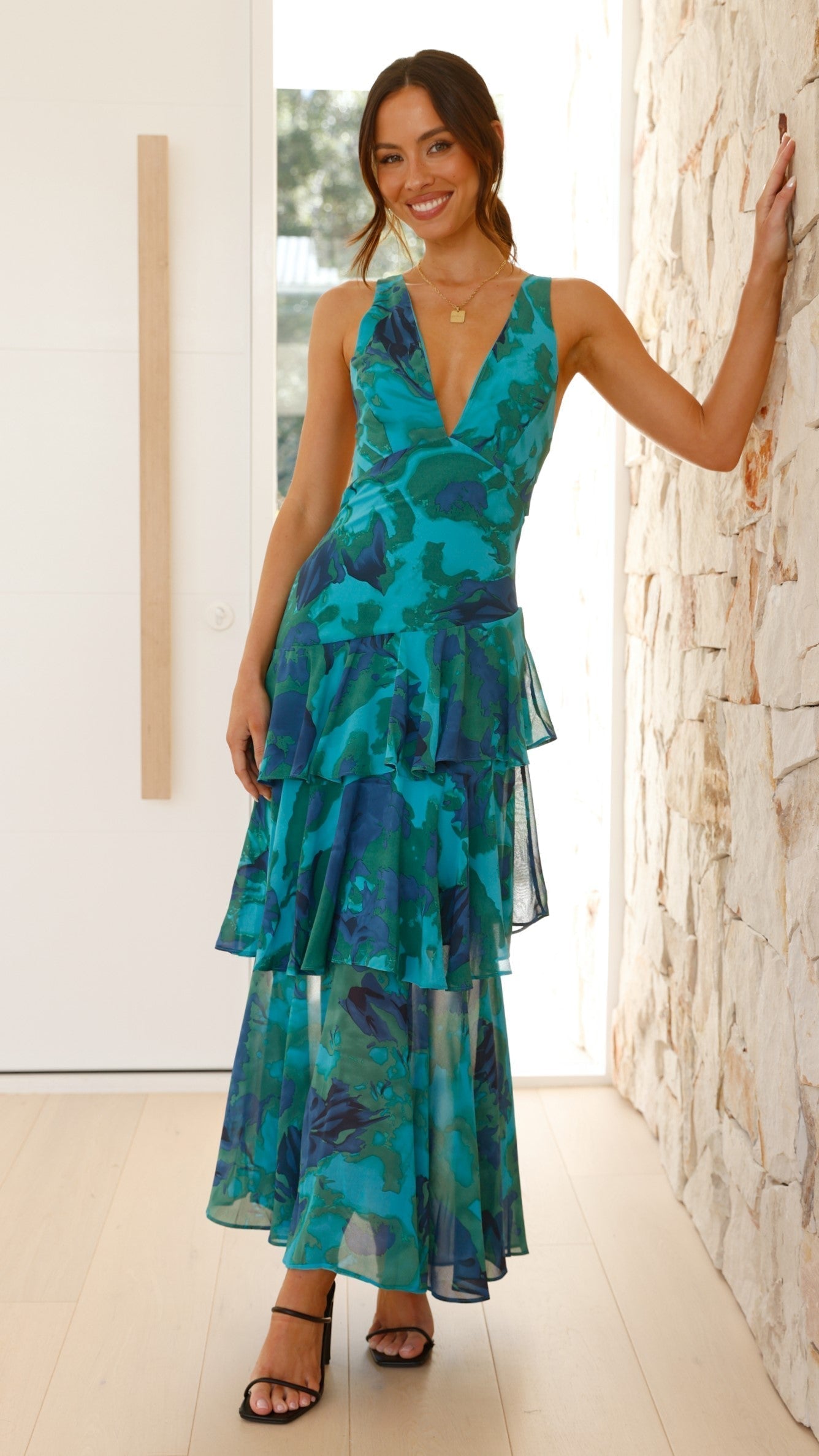 Women's Chiffon Maxi Dress with Deep V-Neck and Tiered Ruffle Skirt