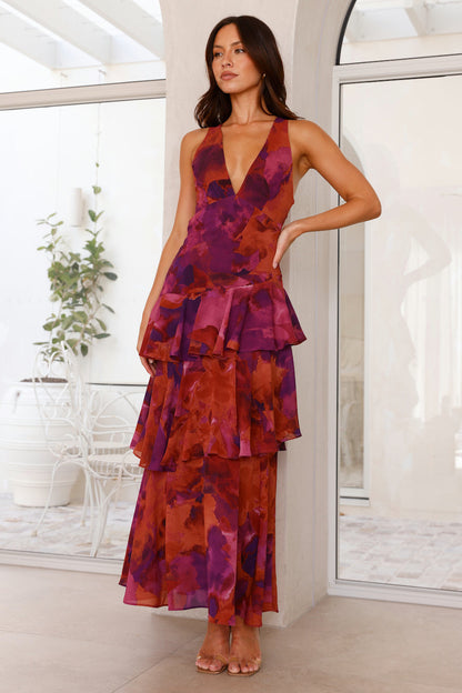 Women's Chiffon Maxi Dress with Deep V-Neck and Tiered Ruffle Skirt