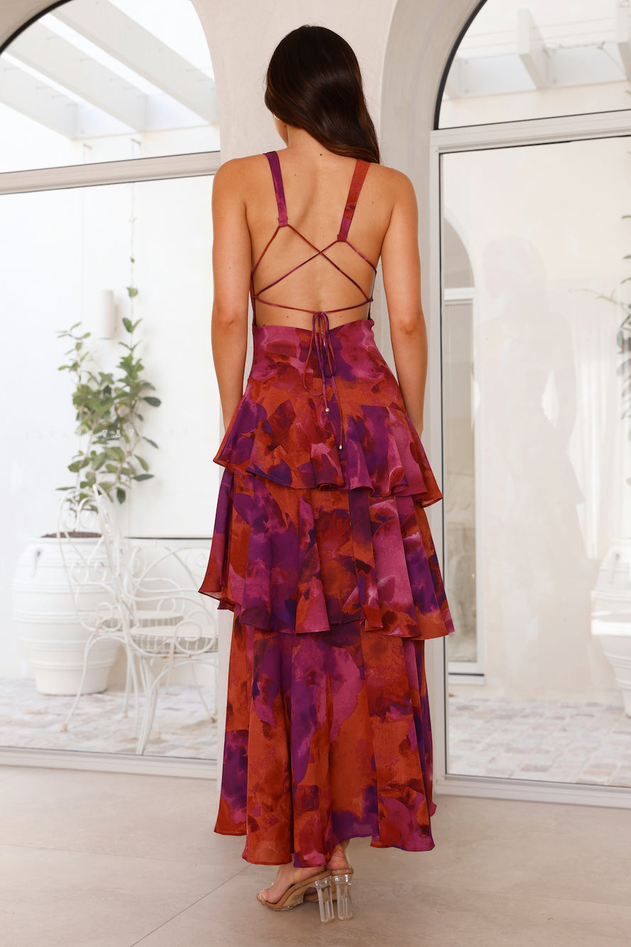 Women's Chiffon Maxi Dress with Deep V-Neck and Tiered Ruffle Skirt