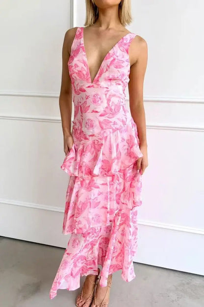 Women's Chiffon Maxi Dress with Deep V-Neck and Tiered Ruffle Skirt
