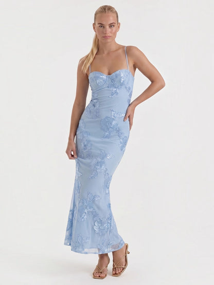 Women's Corset Maxi Evening Dress with Floral Print