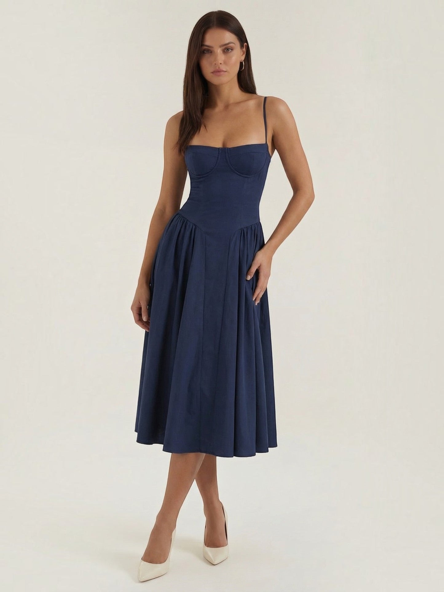 Women's Corset Midi Dress with Structured Bodice and Flowing Skirt