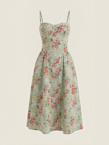 Women's Corset Midi Dress with Structured Bodice and Flowing Skirt