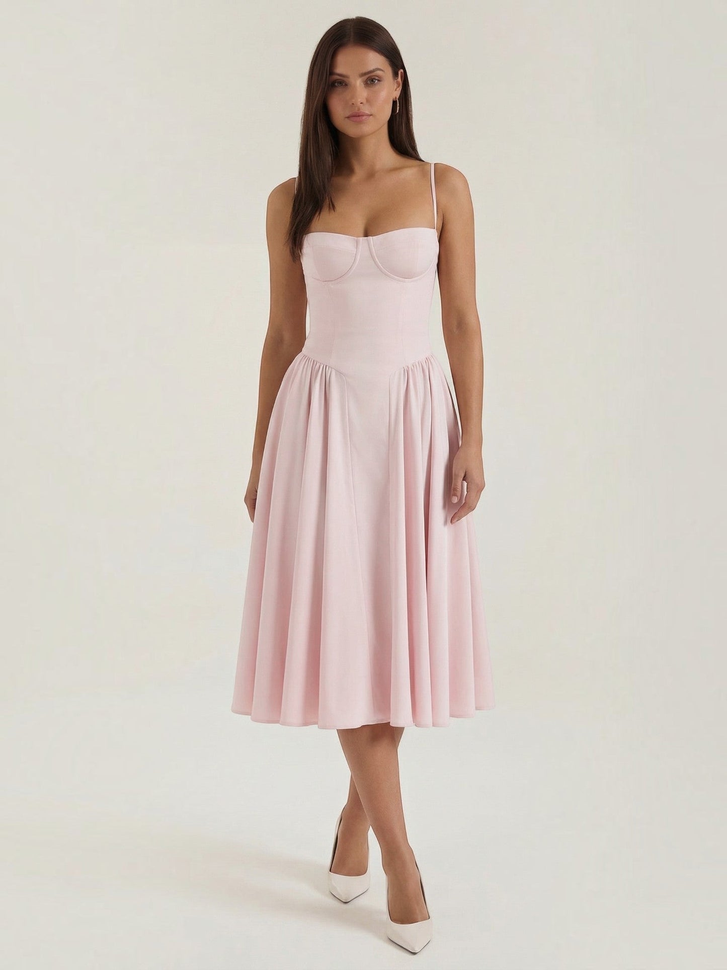 Women's Corset Midi Dress with Structured Bodice and Flowing Skirt