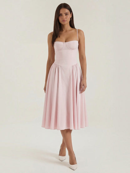 Women's Corset Midi Dress with Structured Bodice and Flowing Skirt