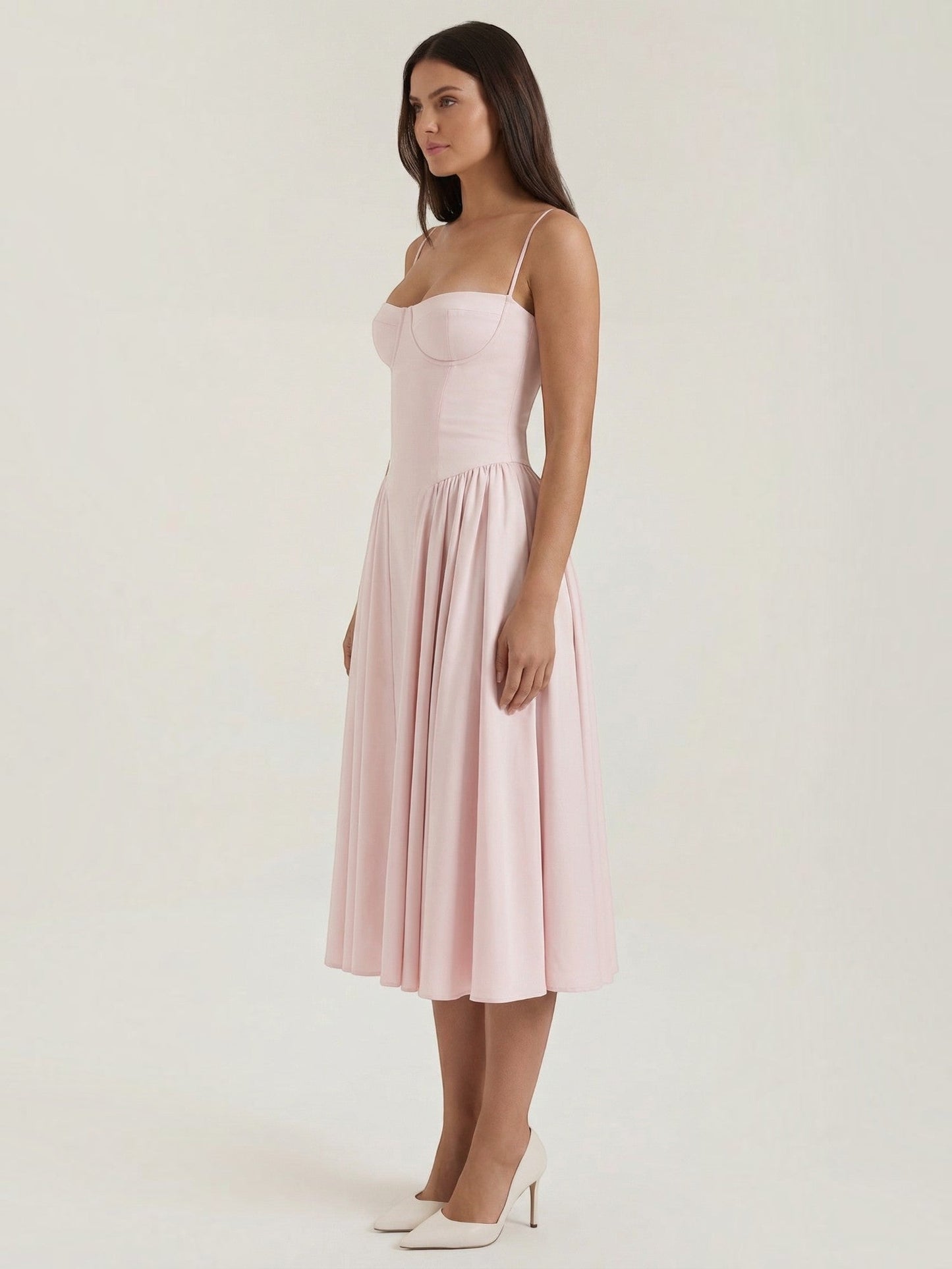 Women's Corset Midi Dress with Structured Bodice and Flowing Skirt