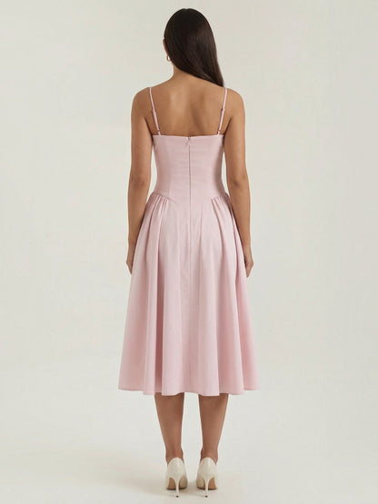 Women's Corset Midi Dress with Structured Bodice and Flowing Skirt