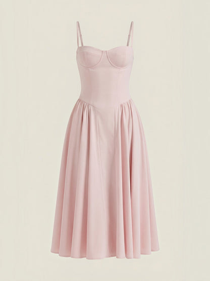Women's Corset Midi Dress with Structured Bodice and Flowing Skirt