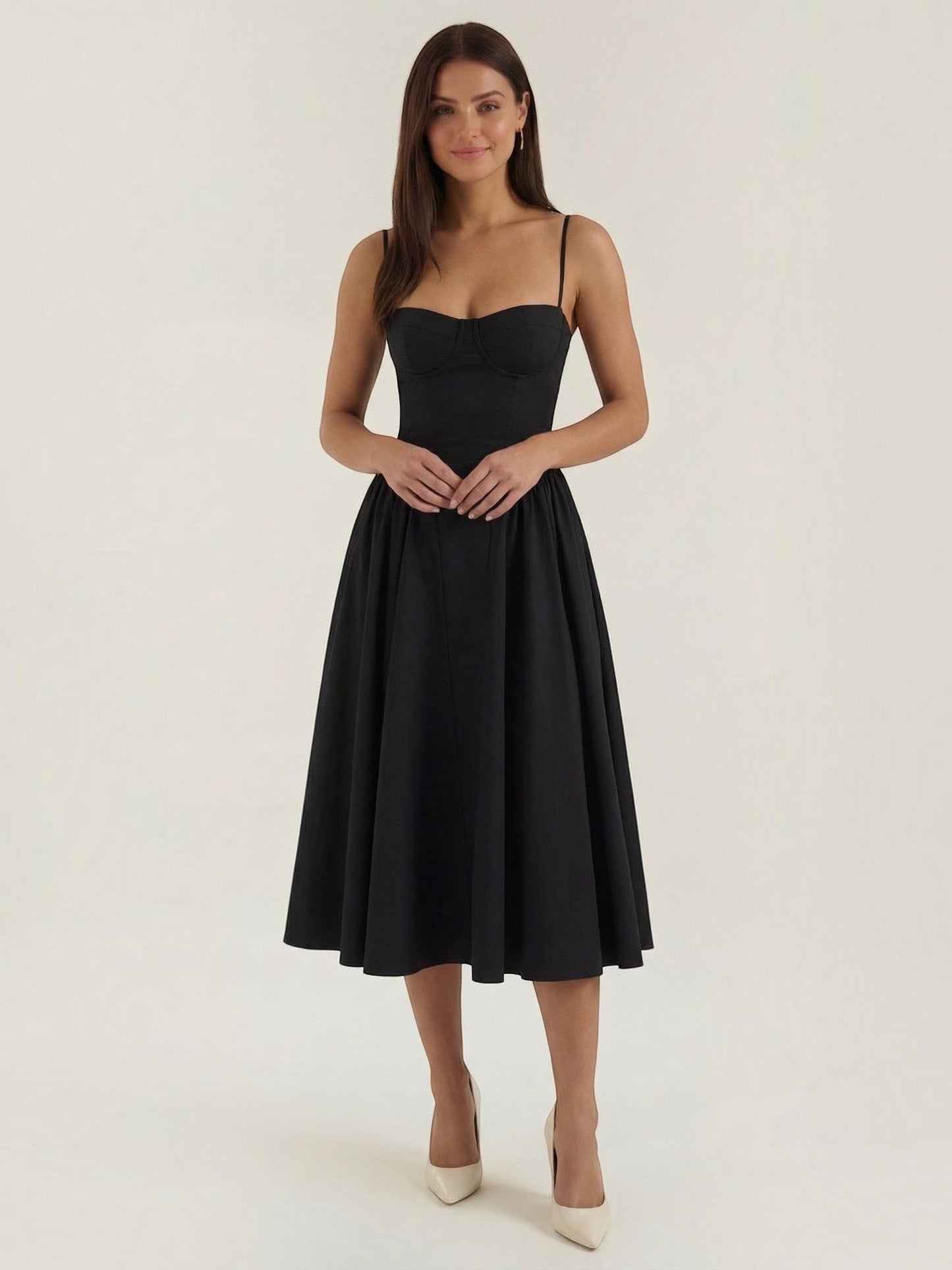 Women's Corset Midi Dress with Structured Bodice and Flowing Skirt