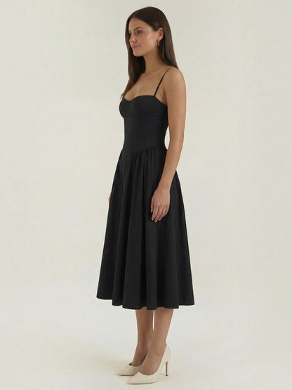 Women's Corset Midi Dress with Structured Bodice and Flowing Skirt