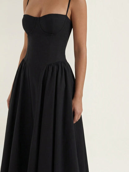 Women's Corset Midi Dress with Structured Bodice and Flowing Skirt