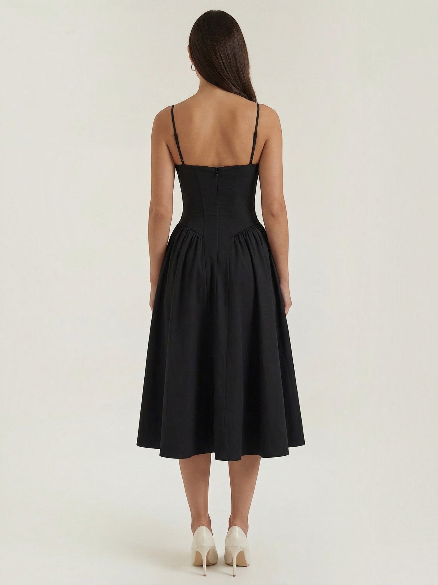 Women's Corset Midi Dress with Structured Bodice and Flowing Skirt