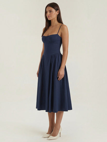 Women's Corset Midi Dress with Structured Bodice and Flowing Skirt