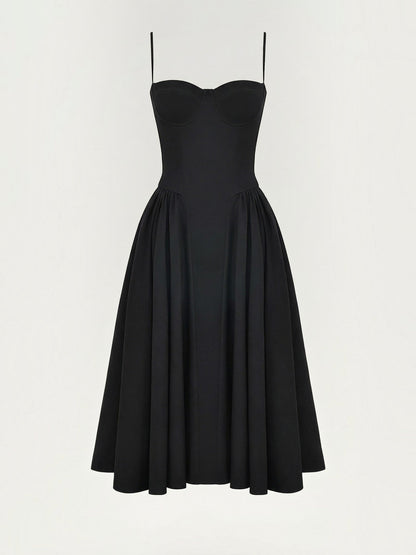 Women's Corset Midi Dress with Structured Bodice and Flowing Skirt