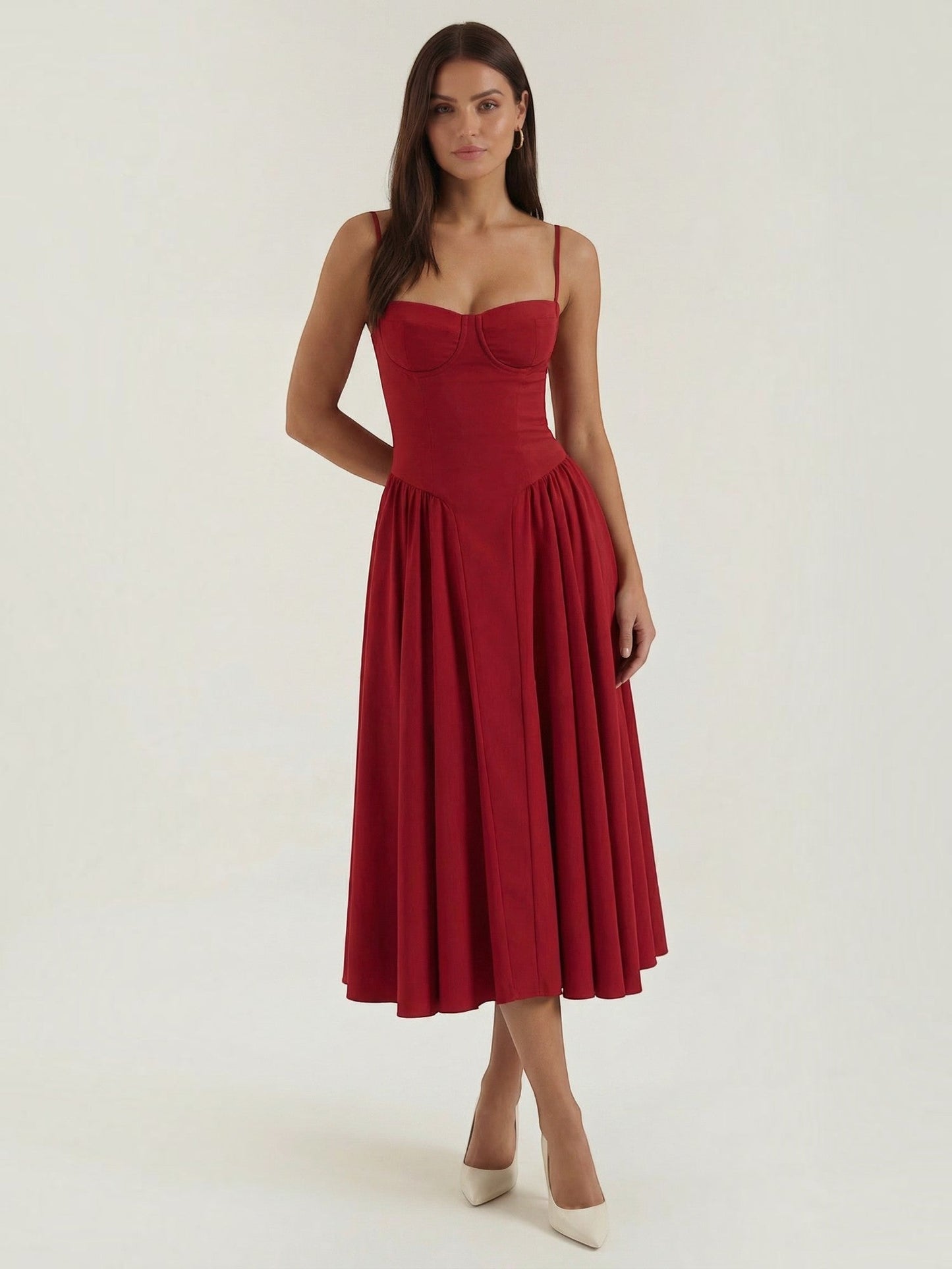 Women's Corset Midi Dress with Structured Bodice and Flowing Skirt