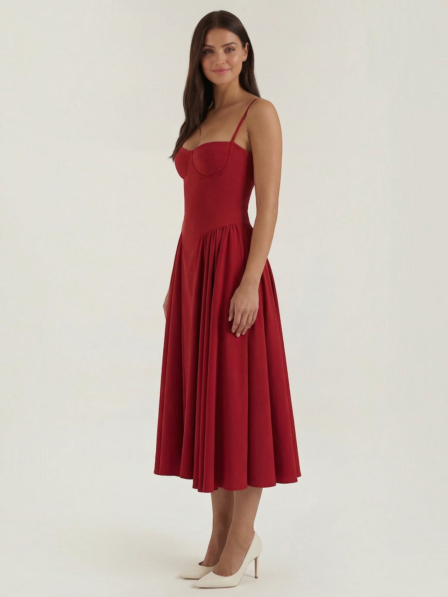 Women's Corset Midi Dress with Structured Bodice and Flowing Skirt