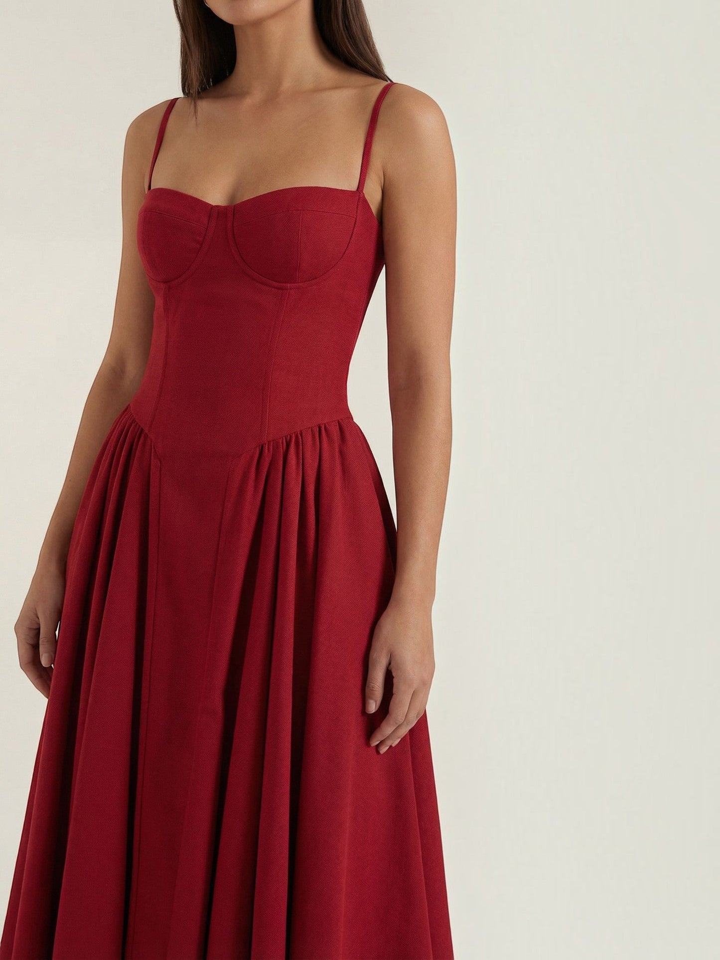 Women's Corset Midi Dress with Structured Bodice and Flowing Skirt