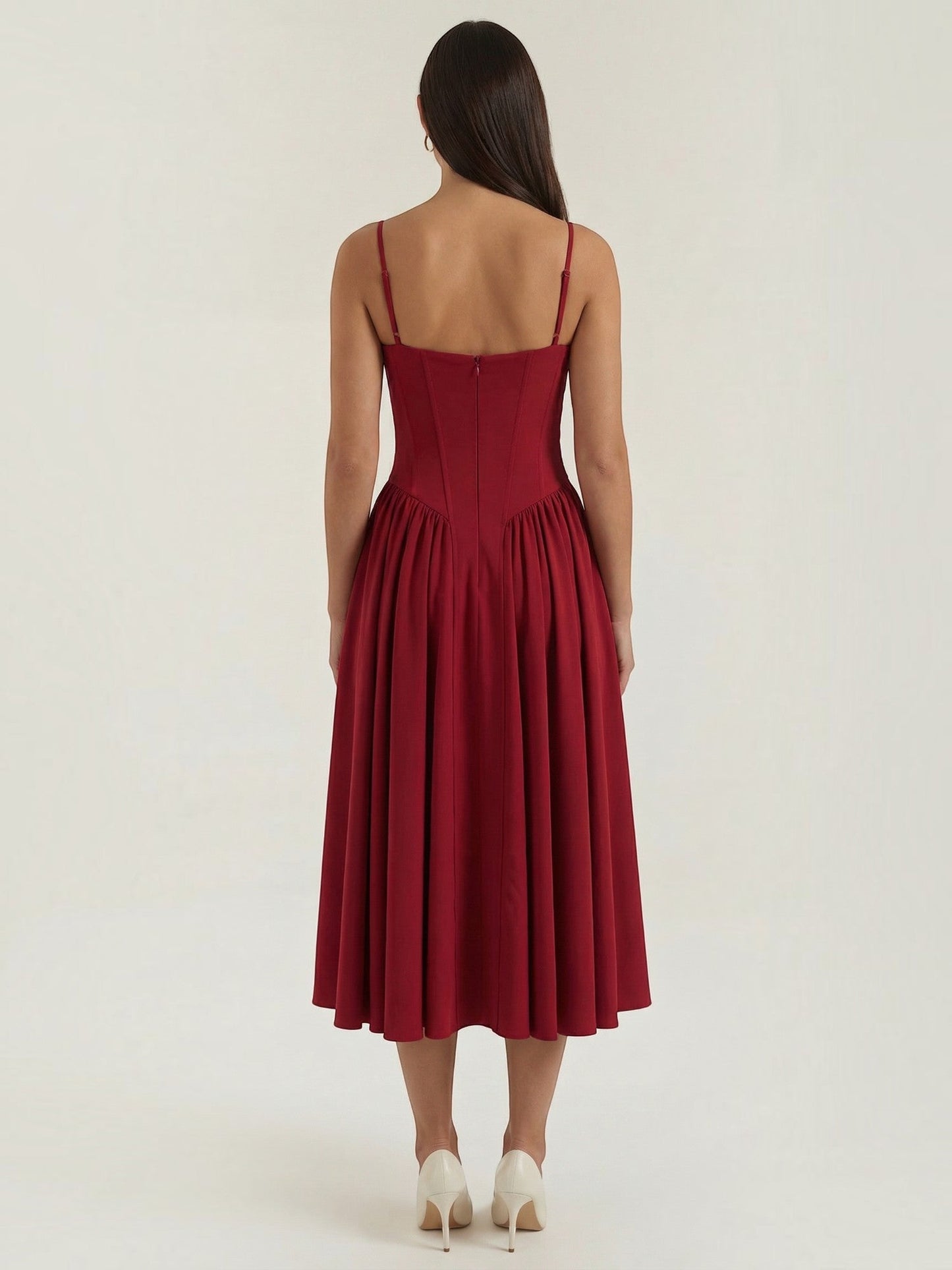 Women's Corset Midi Dress with Structured Bodice and Flowing Skirt
