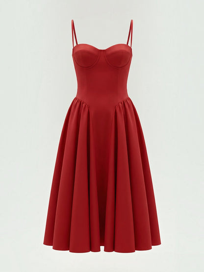 Women's Corset Midi Dress with Structured Bodice and Flowing Skirt