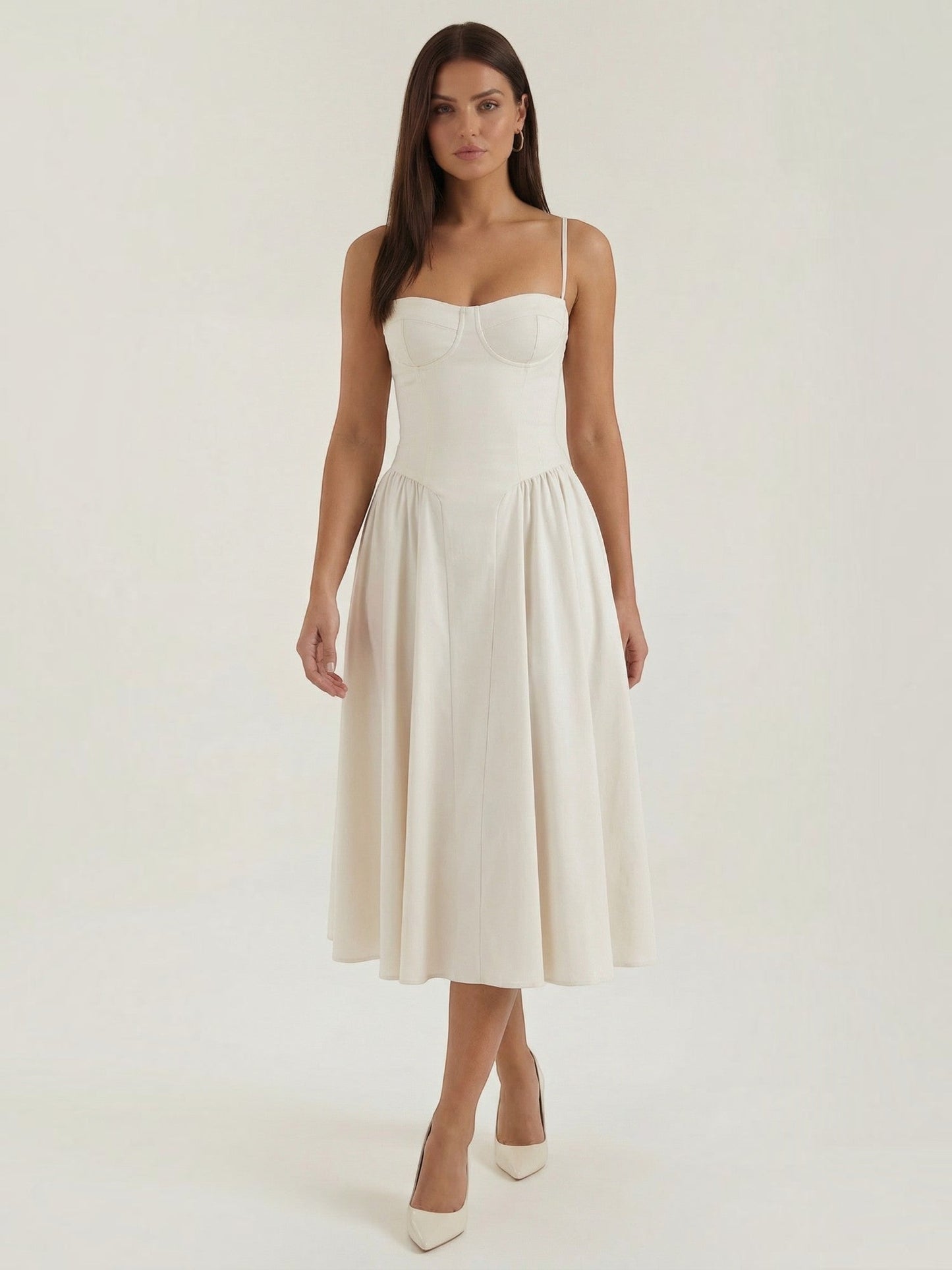 Women's Corset Midi Dress with Structured Bodice and Flowing Skirt