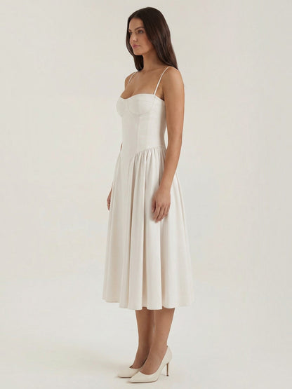 Women's Corset Midi Dress with Structured Bodice and Flowing Skirt