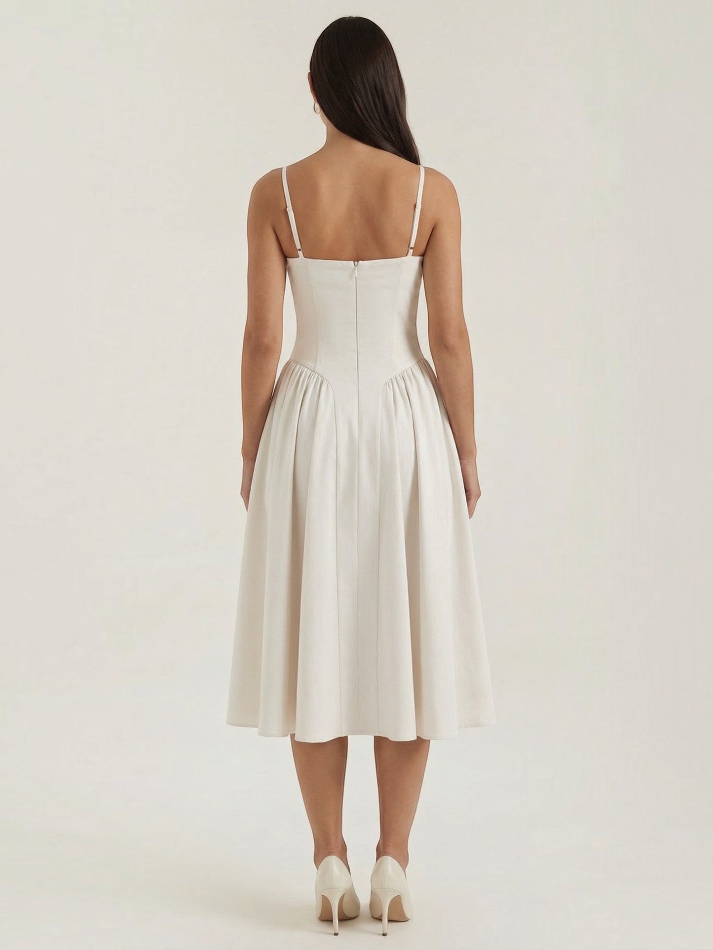 Women's Corset Midi Dress with Structured Bodice and Flowing Skirt