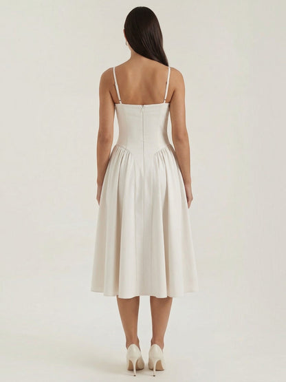 Women's Corset Midi Dress with Structured Bodice and Flowing Skirt