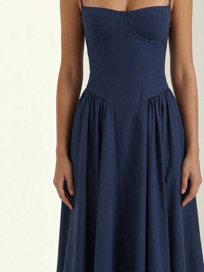 Women's Corset Midi Dress with Structured Bodice and Flowing Skirt