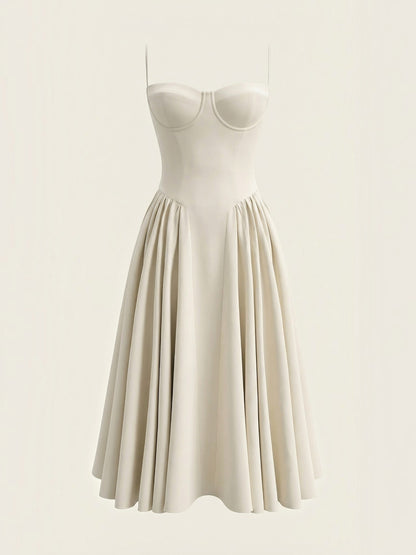 Women's Corset Midi Dress with Structured Bodice and Flowing Skirt