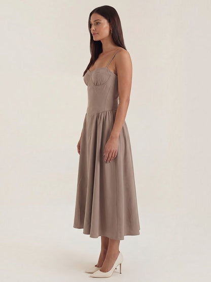 Women's Corset Midi Dress with Structured Bodice and Flowing Skirt