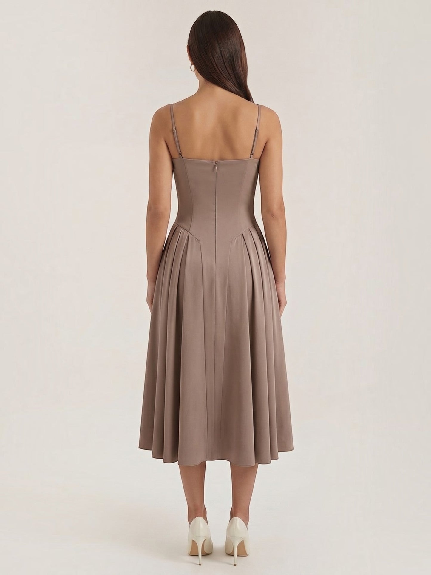 Women's Corset Midi Dress with Structured Bodice and Flowing Skirt